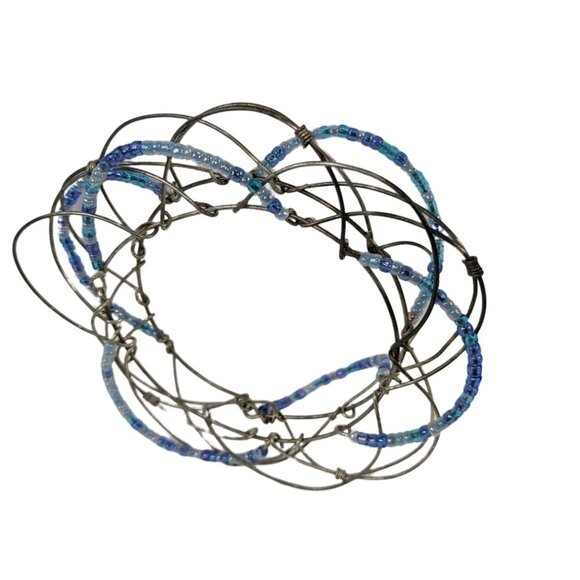 Vintage Blue Beaded Wire Bangle A135 - Picture 1 of 3